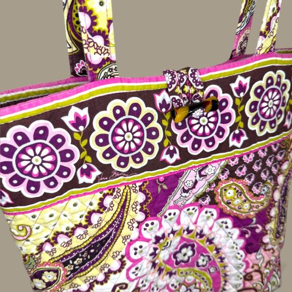 Vera Bradley Quilted Tote Bag Paisley Floral Pink Brown Yellow - Picture 3 of 6